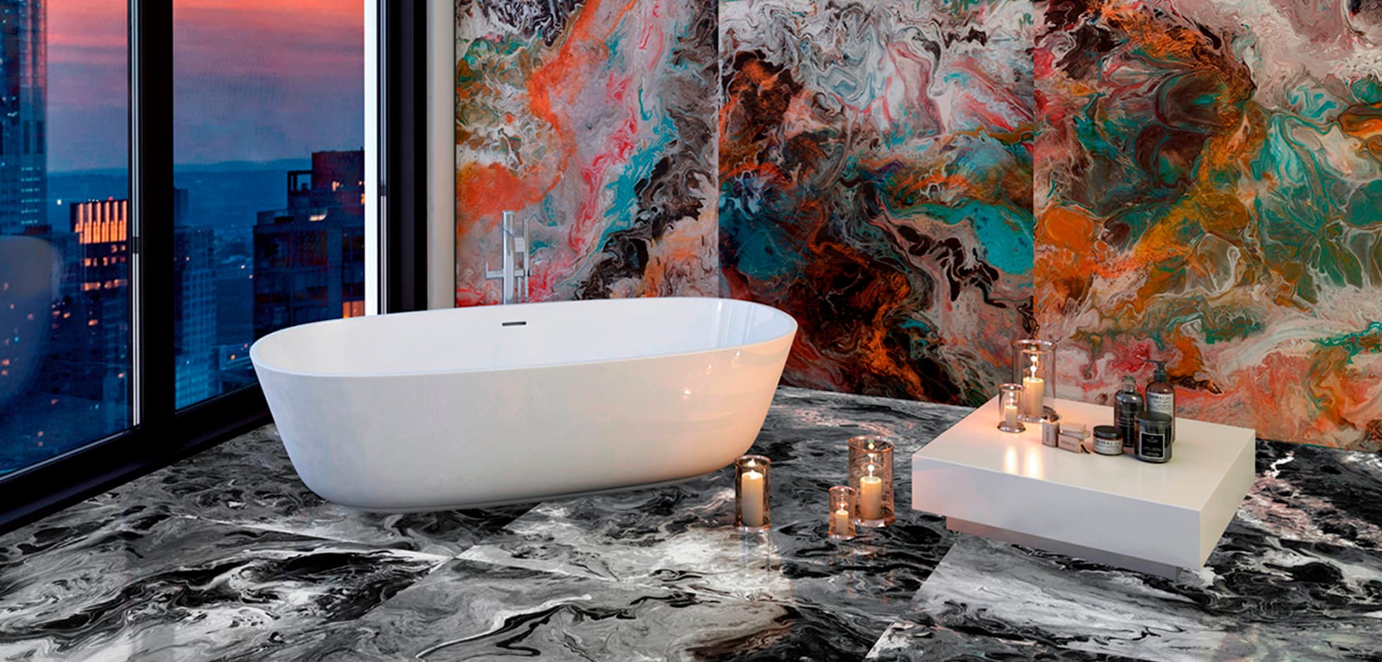 Designbad mit freistehender Wanne und Fliesen in Marmoroptik aus dem Sochor Fliesenoutlet