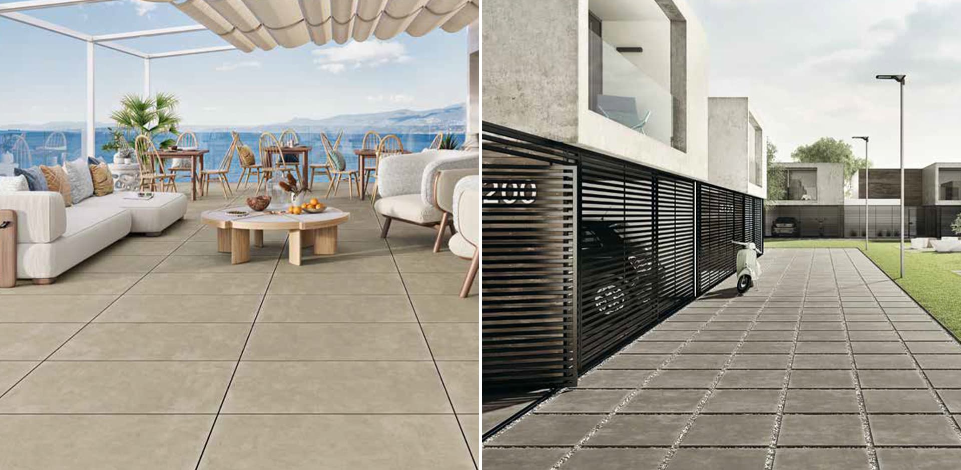 Graue Terrassenplatten mit Sitzgruppe